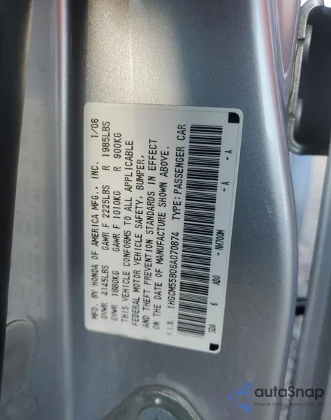 2006 Honda Accord Ex z USA, uszkodzony, nr VIN 1HGCM55806A070874